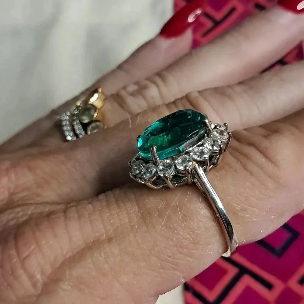 Emeraldine Quartz (Triplet) & Natural White Zircon Ring